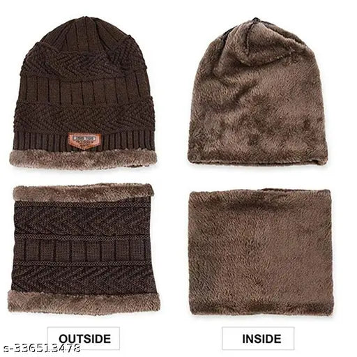 Wool beanie hat & muffler scarf set, soft & warm for men and women, knitted in India