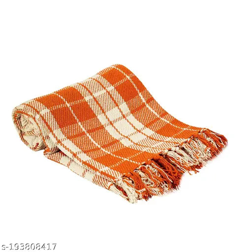 Orange and white plaid cotton blanket for living room or bedroom, 125x150 cm, 1200g