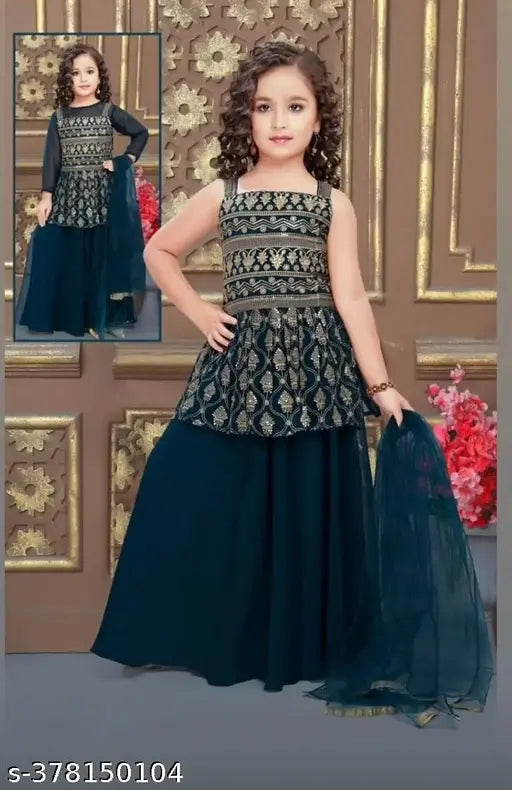Georgette embellished top and palazzo set for girls aged 3-15, versatile fashion essential