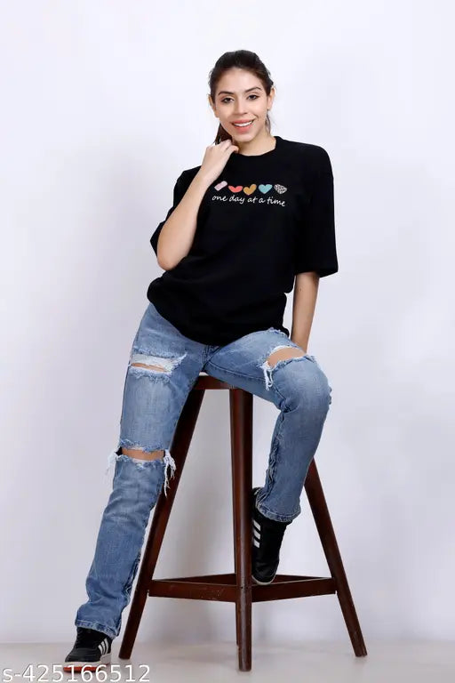 Printed round neck cotton oversized t-shirt, short sleeves, size S - vibrant design on comfy Indian-made apparel