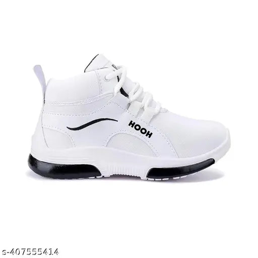 White canvas and rubber running shoes for kids age 110 (Ladko Ke joote), ideal for boys. Lace-up with memory foam insole. Solid net pattern, available in sizes from 12-18 months to 9-10 years. Made in India