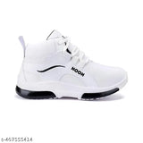 White canvas and rubber running shoes for kids age 110 (Ladko Ke joote), ideal for boys. Lace-up with memory foam insole. Solid net pattern, available in sizes from 12-18 months to 9-10 years. Made in India