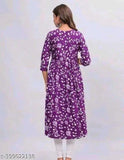 Purple Aliya cut cotton kurti, three-quarter sleeves, printed combo, S-44XXL bust sizes