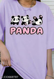 Lavender polycotton panda print oversized off shoulder tee with 3/4 sleeves, trendy women's fashion