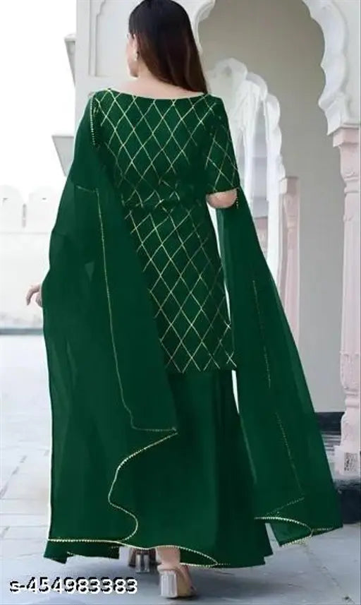 Ethnic wear rayon kurti set with dupatta and bottomwear, printed short-sleeved Indian outfit on mannequin