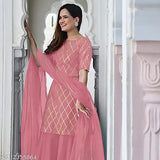 Peach rayon kurta set with net dupatta and sharara bottom wear, featuring three-quarter sleeves and printed design