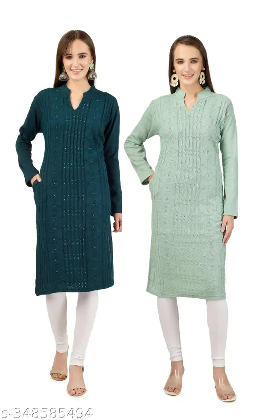 Woolen self-pattern kurta set, long sleeves in M, L, XL. Indian handcrafted wool clothing