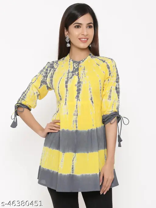 Yellow & Grey tie-dye printed 60s Cambric tunic with sleeves on Kipek women's ethnic wear, cotton fabric, three-quarter sleeves