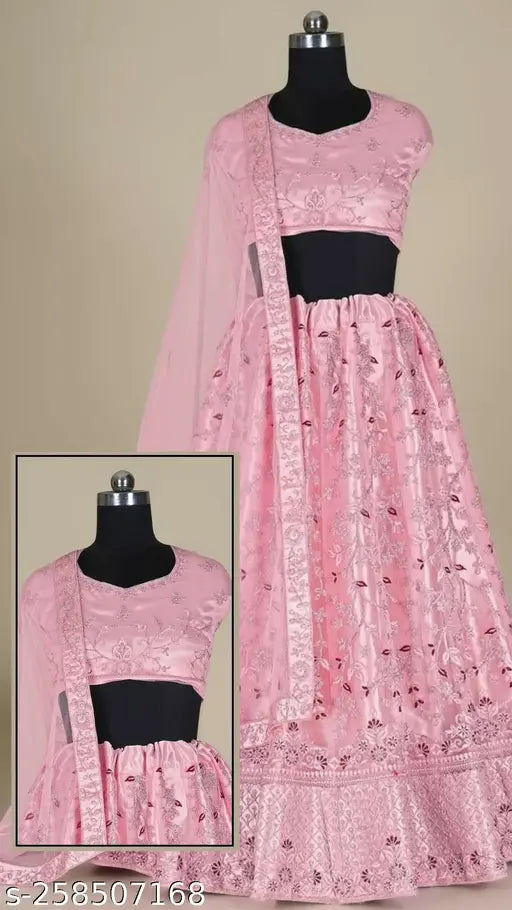 Soft pink net hand-embroidered Lehenga Choli set with dupatta and semi-stitched blouse, best for normal occasions. Free Size Lehenga (43in waist, 43in length), 2.5m dupatta length, ideal for parties, weddings, festivals, or gifts