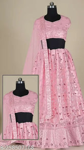 Soft pink net hand-embroidered Lehenga Choli set with dupatta and semi-stitched blouse, best for normal occasions. Free Size Lehenga (43in waist, 43in length), 2.5m dupatta length, ideal for parties, weddings, festivals, or gifts