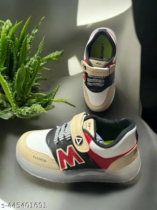 Trendy synthetic LED light kids shoes - textured net, lace-up design, comfortable, soft lightweight, made in India