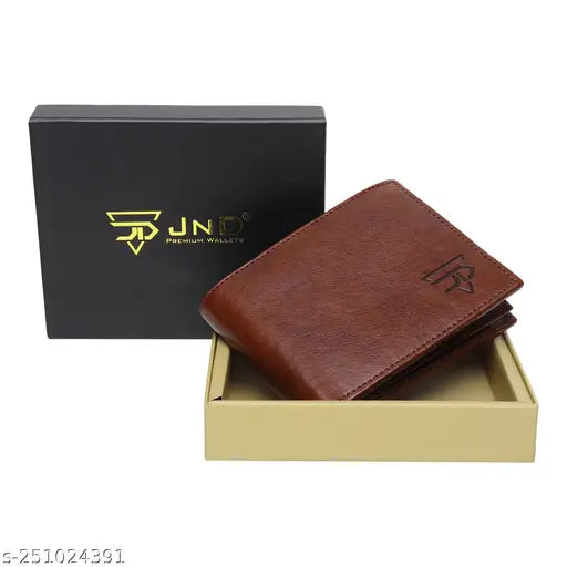 Brown faux leather men's wallet, featuring 6 card slots, 1 coin pocket, 2 hidden compartments, 2 currency slots, and 1 ID slot. Ideal for everyday use or gifting