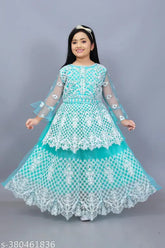 Embroidered net lehenga choli for kids, vibrant Indian wedding dress with long sleeves