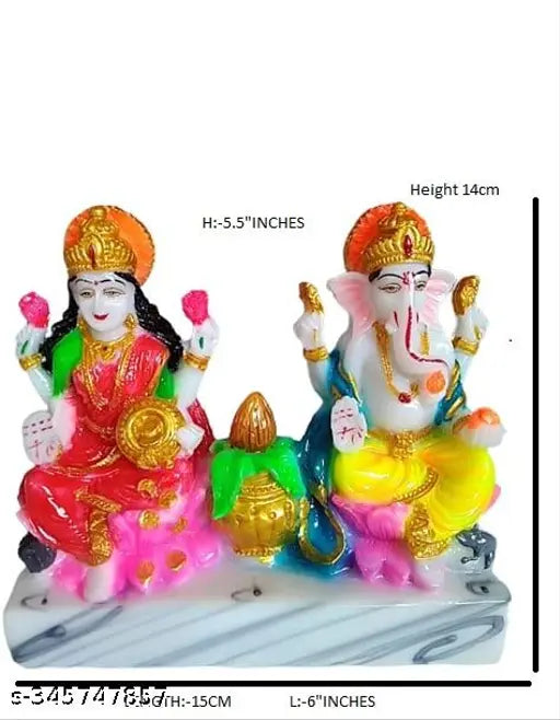 Hand-painted cultured marble Lakshmi Ganesha statues pair, 14 cm tall, 6 cm wide, 15 cm long. Hindu deities for Diwali puja/pooja decor