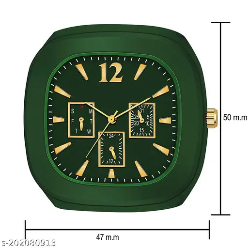 Green PU strap men's quartz square watch, classic design for boys and men