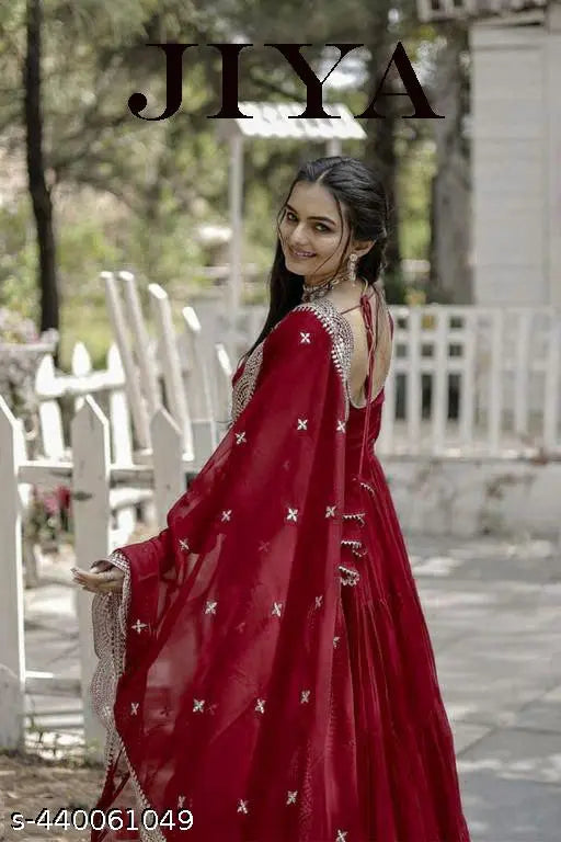 Maroon Georgette evening gown, solid-patterned long sleeves fashion for women, JIYA brand, size XS, bust 34in, shoulder 14in (India origin)