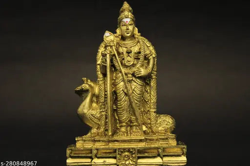 Antique golden Murugan statue, intricately detailed poly resin god idol from India