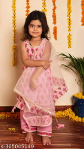 Rayon printed kurta set with geometric patterns or abstract designs, featuring a straight shape and trousers. Sleeveless design, available in sizes for ages 3-4 to 9-10 years. Indian made print kurtadupattaset for kids wear
