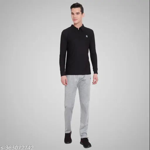 Lycra half zip polo t-shirt for men, classic collar with long sleeves, black solid color, made in India