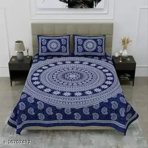 Blue Jaipuri cotton double bed sheet with 2 pillow covers, soft and durable for a cozy sleep experience