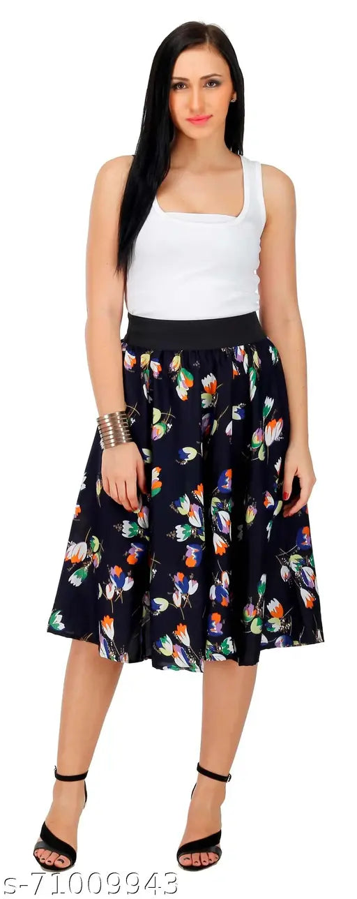 Navy blue multi floral print mid calf length polyester skirt combo with black elasticated belt, flared design for women in sizes 26-34 (Waist 26-34, Hip 36-44, Length 27")