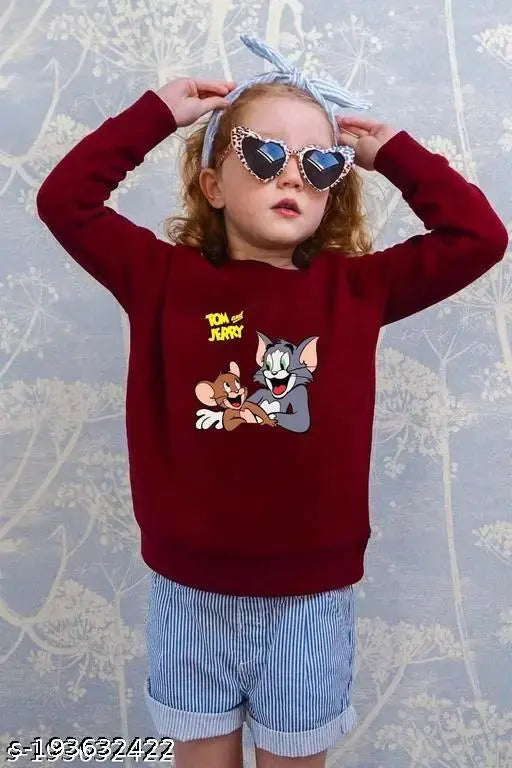 Maroon cotton Tom & Jerry printed unisex sweatshirt, long sleeves, comfortable and roomy, kids' sizes available