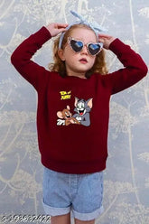 Maroon cotton Tom & Jerry printed unisex sweatshirt, long sleeves, comfortable and roomy, kids' sizes available