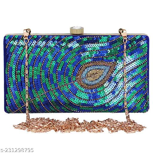 Blue velvet embroidered clutch bag for women - handcrafted modern design, perfect for bridal, casual, or party occasions