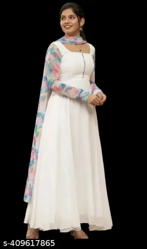 White georgette kurti with dupatta, pastel shades, full sleeves - beautiful Indian attire for women