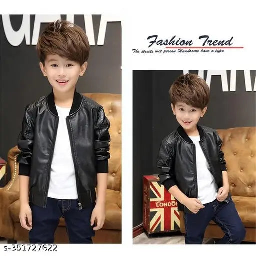 Boys leather biker bomber jacket with faux fur interior, premium faux leather, rib-knit details, durable, functional pockets, versatile kids wear, India origin