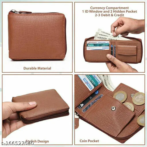 Tan artificial leather Sonrisa Men casual wallet with 5 card slots, solid pattern design, features 2 compartments