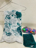 Designer printed weightless Georgette saree with sequence embroidered work, teal and white floral pattern on Indian fabric