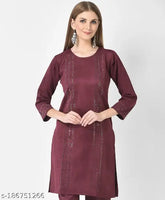 Velvet embellished three-quarter sleeve fleece kurta for women, Indian winter fashion
