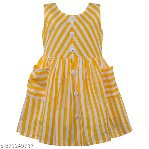 Yellow striped cotton sleeveless frock dress by Silver Kraft Girls, suitable for 6-9 months to 3-4 years old