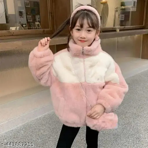 Pink colorblocked wool child's winter jacket with long sleeves, popular style for girls aged 4-8 years from India