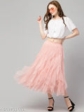 Trendy net flared long frill skirt, solid pattern on Shantoon lining, calf length, regular fit (Size 26-34), Indian origin