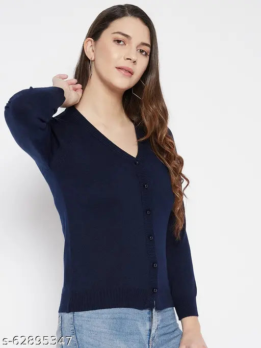 Woolen navy blue v-neck sweater for women, solid design with long sleeves and straight hem