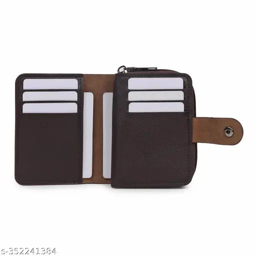 Brown faux leather card holder wallet with 10 slots for cards and coins, compact size (10.5 x 8 x 2.5 cm), perfect for men or women's daily use or travel, ideal gift option