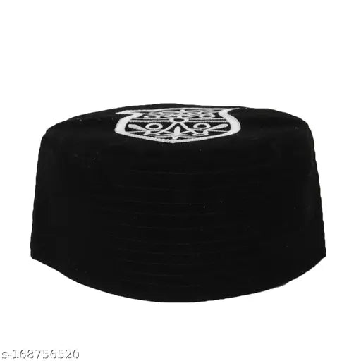 Fancy men's black cotton embroidered Islamic cap (Onesize), handmade Indian traditional headwear