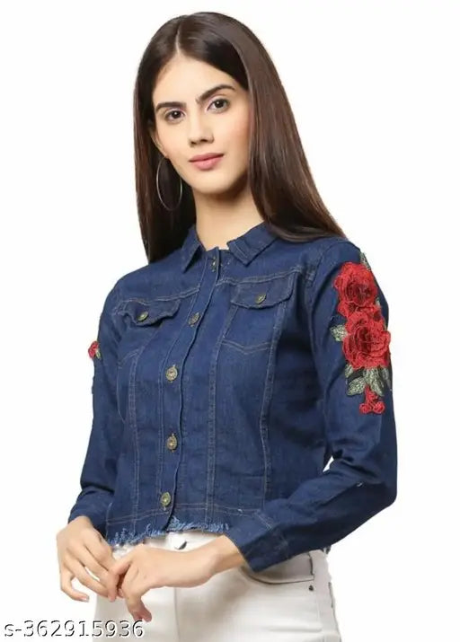 Dark rose denim long sleeve embroidered net top, Indian craftsmanship