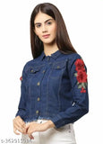 Dark rose denim long sleeve embroidered net top, Indian craftsmanship