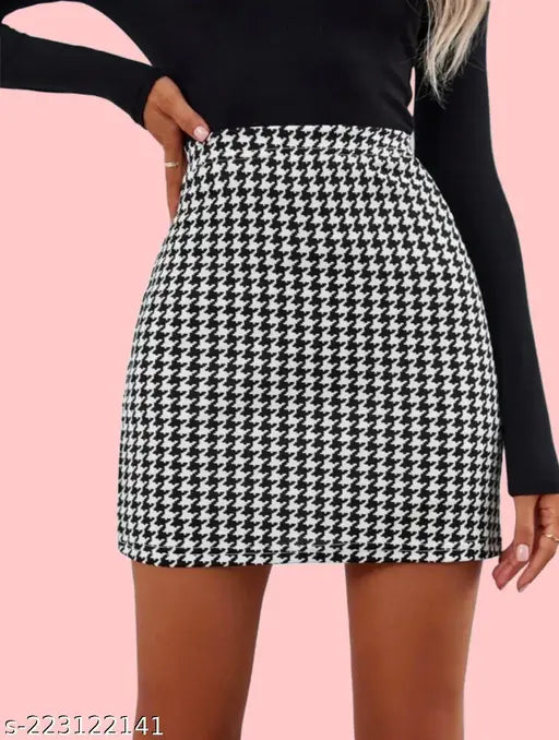 Multicolor polyester houndstooth pencil skirt, printed net, mini length (17"), sizes: 26, 28, 30, 32, 34, 36 (India origin)