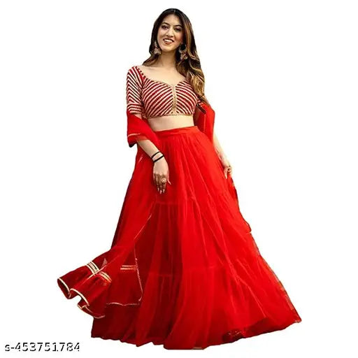 Embroidered satin Myra Drishya women's lehenga set with net dupatta, semi-stitched or free size, Indian origin