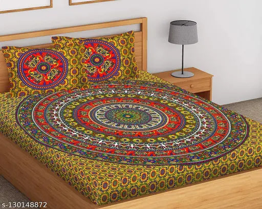 Cotton king-size double bed sheets, fine Jaipuri print, summer-ready BEDZONE flat sheets with 2 pillow covers