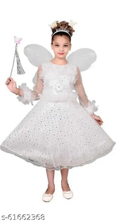 Embellished net kids' frock from India with long sleeves, featuring a pari stick, feather, and headband, available in sizes 12-18 months, 18-24 months, and 6-7 years