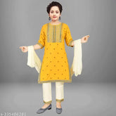 Pure cotton embroidered salwar suit set for girls, A-line top with three-quarter sleeves and matching trousers and dupatta. Available in sizes 4-5 Years (24in/23in), 5-6 Years (26in/24in), 6-7 Years (28m/26m), 7-8 Years (30m/28m), 9-10 Years (32in/30in), 10-11 Years (34in/32in), and 11-12 Years (36in/34in). Indian origin
