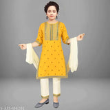 Pure cotton embroidered salwar suit set for girls, A-line top with three-quarter sleeves and matching trousers & dupatta, size 4-12 years