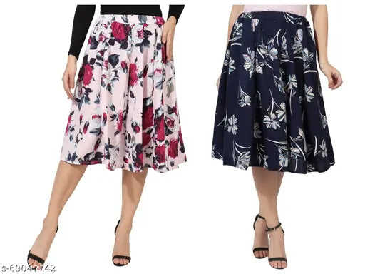 Navy Blue White Floral Print Mid Calf Length Women's Skirt Combo with Grace Diva Digital Rose design on IBPanel Polyester fabric, flared and available in sizes 26, 28, 30, 32, 34