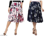 Navy Blue White Floral Print Mid Calf Length Women's Skirt Combo with Grace Diva Digital Rose design on IBPanel Polyester fabric, flared and available in sizes 26, 28, 30, 32, 34