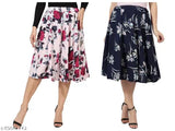 Navy Blue White Floral Print Mid Calf Length Women's Skirt Combo with Grace Diva Digital Rose design on IBPanel Polyester fabric, flared and available in sizes 26, 28, 30, 32, 34